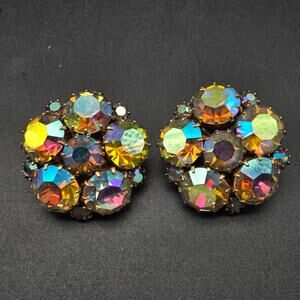 Karu Arke Aurora Borealis Rhinestone Clip On Earrings Vintage Glam